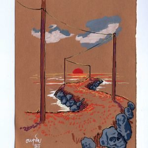 Dibujo de una puesta de sol sobre el mar, fondo marrón, un camino cercadi de calaveras