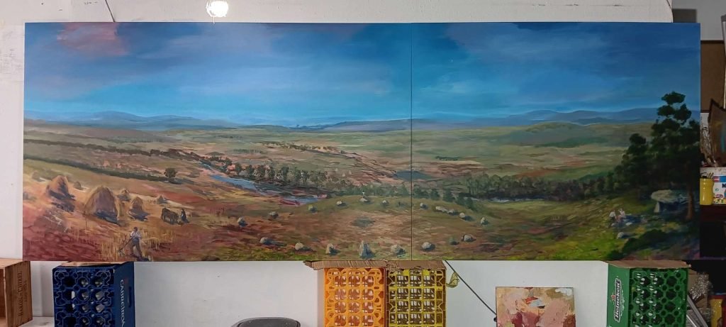 Pintura formato panorámico de un paisaje silvestre con un cromlech centras